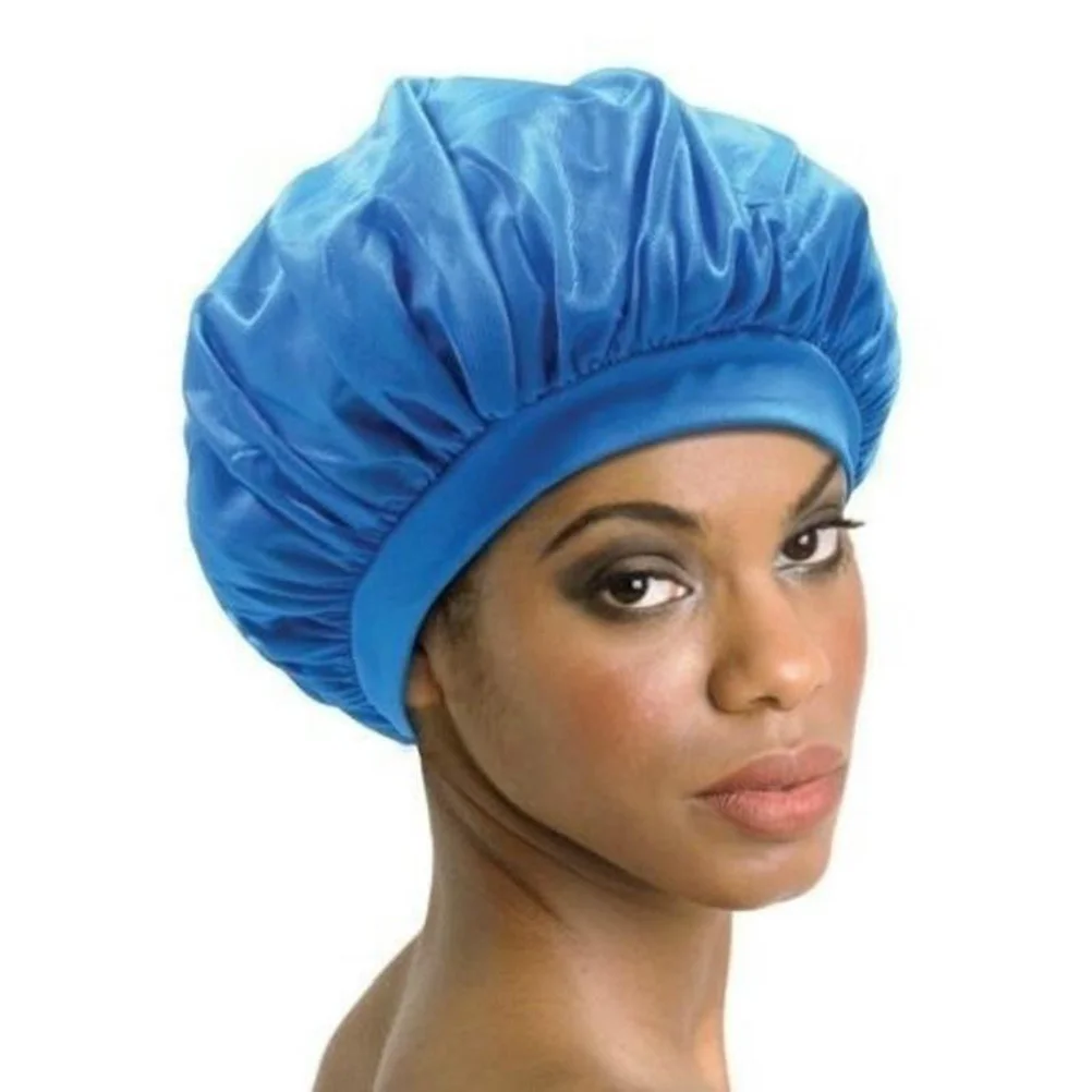 Luxury Wide Band Satin Bonnet Women Long Hair Care Coconut Oil Treated Satin Sleep (Blue) sleep cap sleep for women