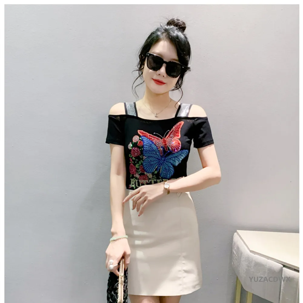 

High Quality New Summer Fashion Sexy Off Shoulder Women's T-Shirt Chic Butterfly Hot Diamonds Tees Female Elastic Mesh Slim Tops