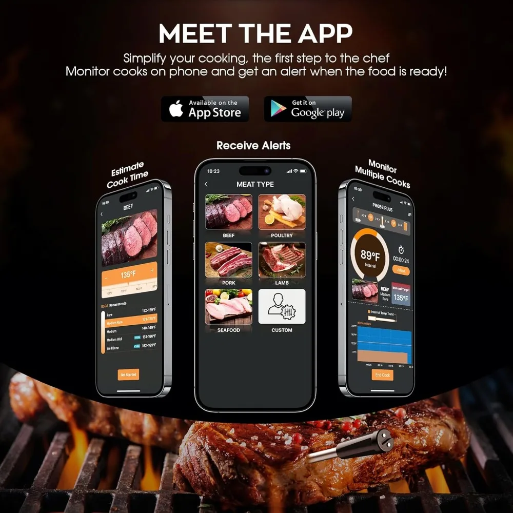 Termómetro Digital inalámbrico para carne, dispositivo inteligente para cocinar y asar a la parrilla, con Bluetooth, 360 pies