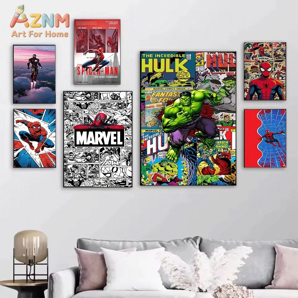 AZNM Spiderman Red Textured Background Canvas Wall Print, Retro Comic Style Hero Close‑Up Large Letter Title Graphic Art Poste