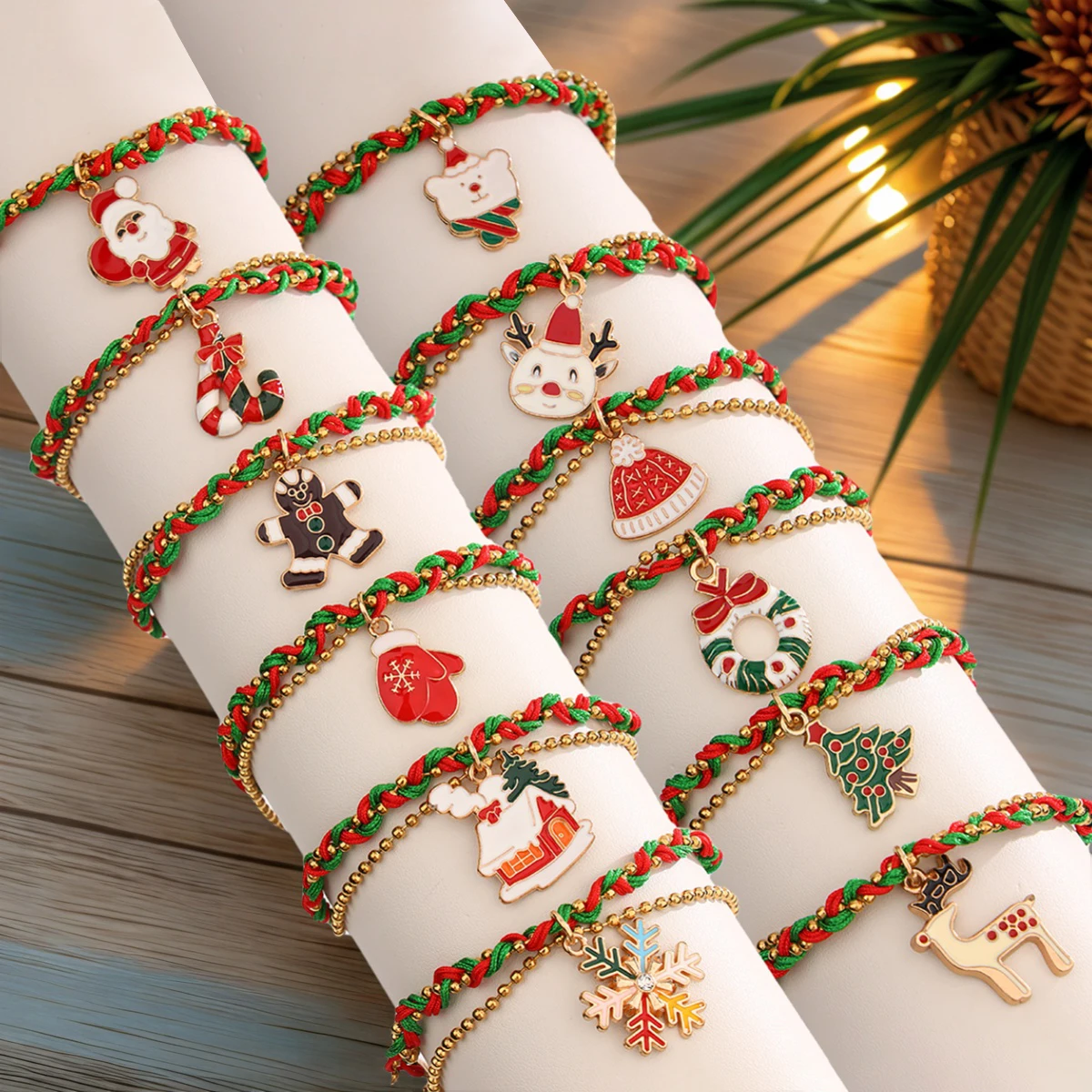 12-Piece New Christmas-Themed Bracelet Set with Santa Claus, Cabin, Snowflake & Gift Designs(Color Random)