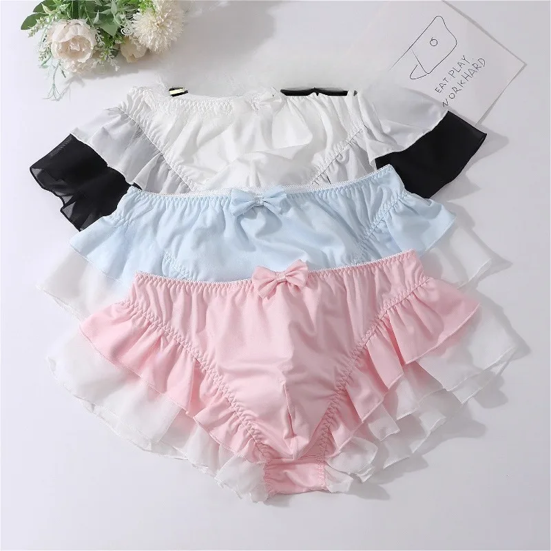 New Bow-knot Mesh Ruffled Men's Sexy Pouch Underwear Sweet Breathable Sissy Boxers Briefs Erotic Male Lingerie Tanga Panties