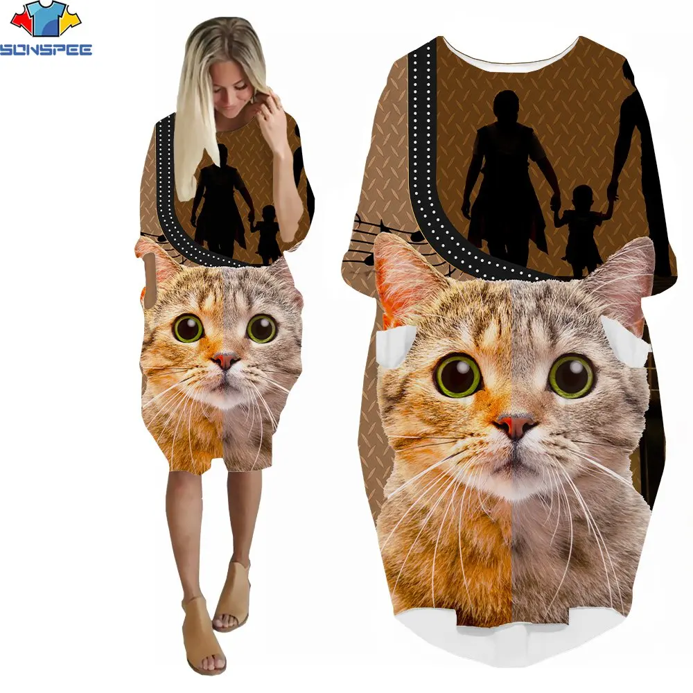 SONSPEE 3D Druck Sunmmer Frauen Neue Heiße Kurzarm Kleid Haustier Katze Nette Gesicht Beliebte Freizeit Straße Crew Neck Knie t-shirt Kleid