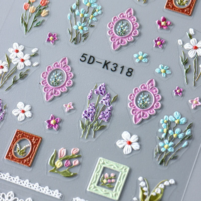 5D Spring Floral Nail Stickers Lavender Daisy Blossoms Lily Flower Designs Embossed Adhesive Decals Nail Art Decorations