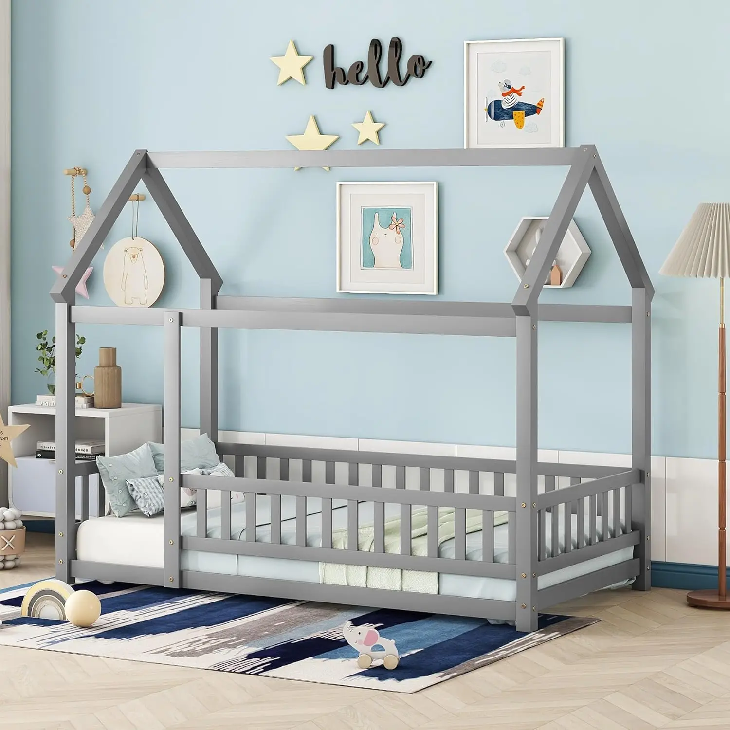 

Twin Size House Floor Bed Frame,Wooden Montessori Floor Bed with Fence for Kids,Twin Size Kids Bed,Gray