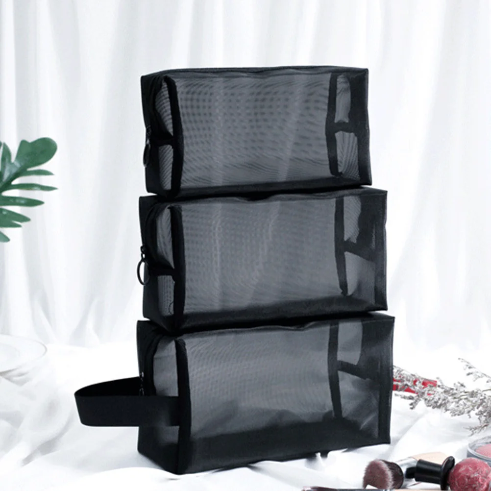 3Pcs Mesh Bag Set Portable Zipper Makeup Pouch Organizers for Toiletries Coins Jewelry Large Medium Small Size Travel