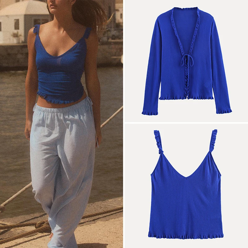 Summer 2025 Women's Knitted Jaet Vest Two-Piece Set Long Pants V-Ne Overhead Wear Z Brand Faionable Outerwear