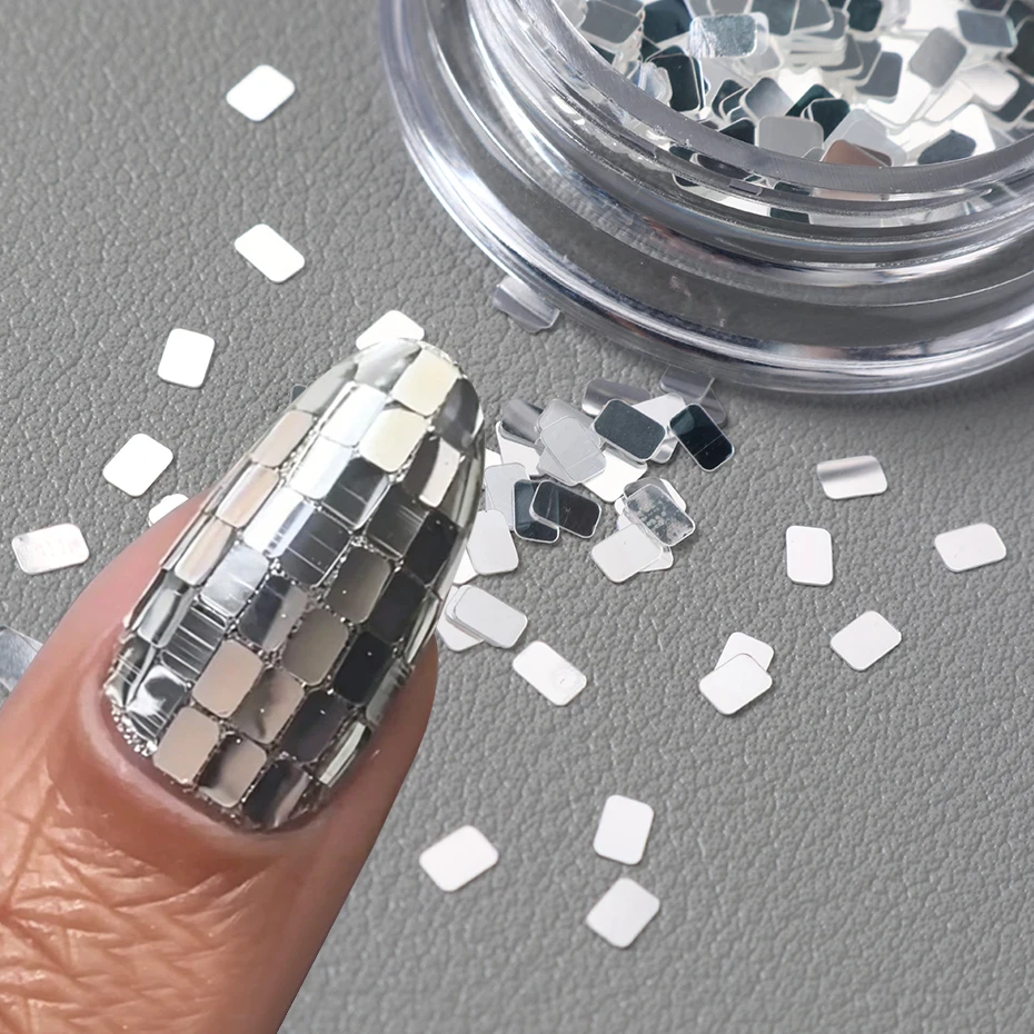Shiny Silvery Square Shaped Flat Bottom Nail Sequins Y2K Fashionable Reflective Mirror Effect DIY Sparkling Nail Glitter Decor