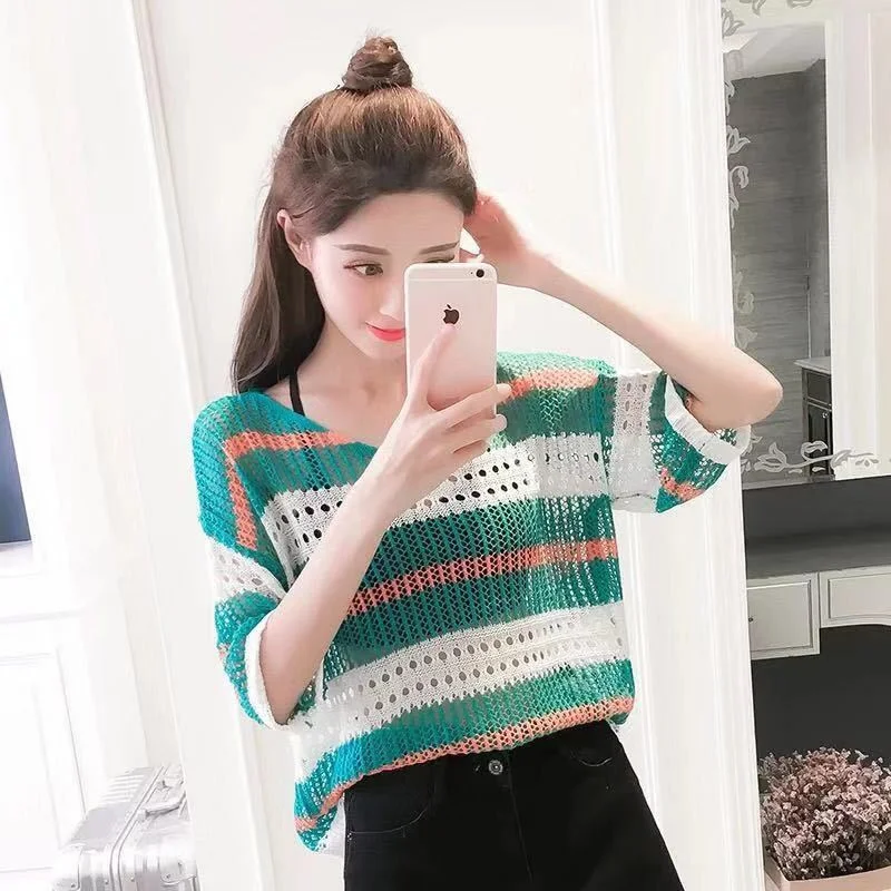 Women Half Sleeve Colorful Hollow Out Blouses Striped Ice Silk Knit Shirt Loose Retro Style Pullover Lightweight Tank Tops