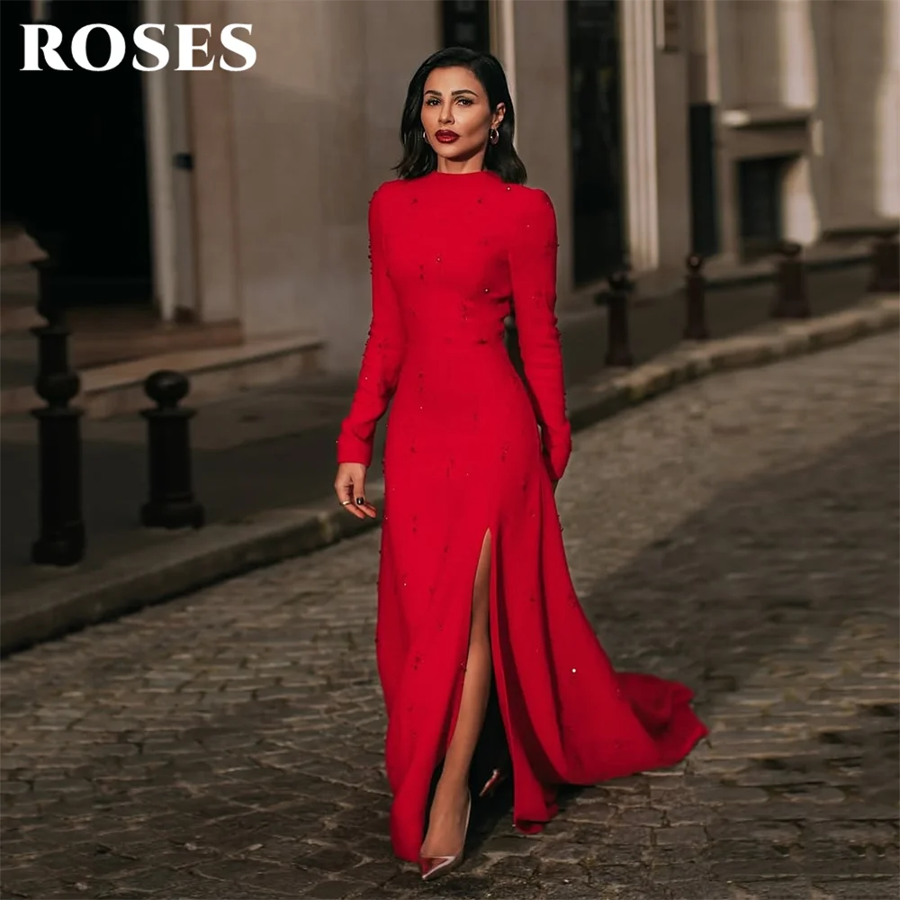 

ROSES Red Prom Gown Long Sleeves Prom Dresses High Neck Formal Gown with Beaded and Train Evening Dresses for Woman Customized