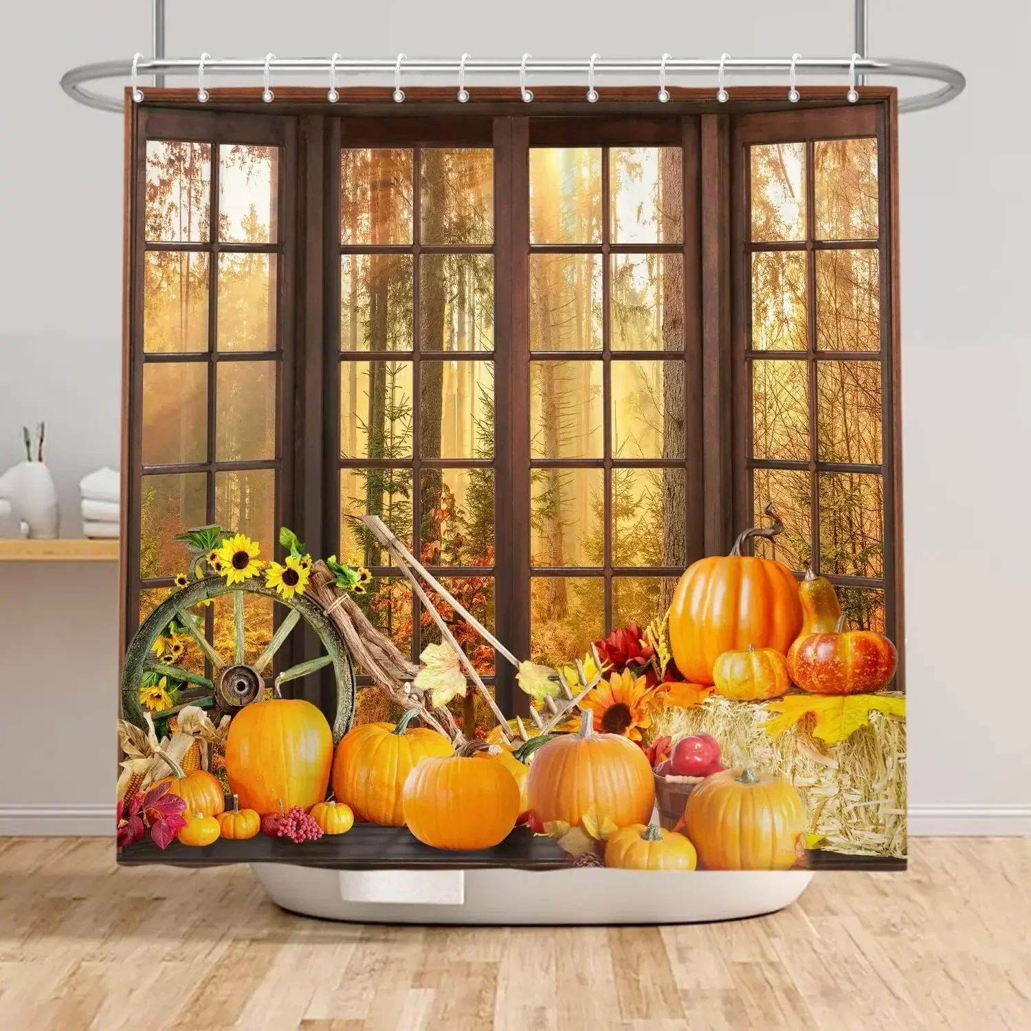 Fall Shower Curtains Brown Window Pumpkin Haystack Sunflower Maple Leaves Forest Autumn Home Bathroom Curtain Decor with Hooks