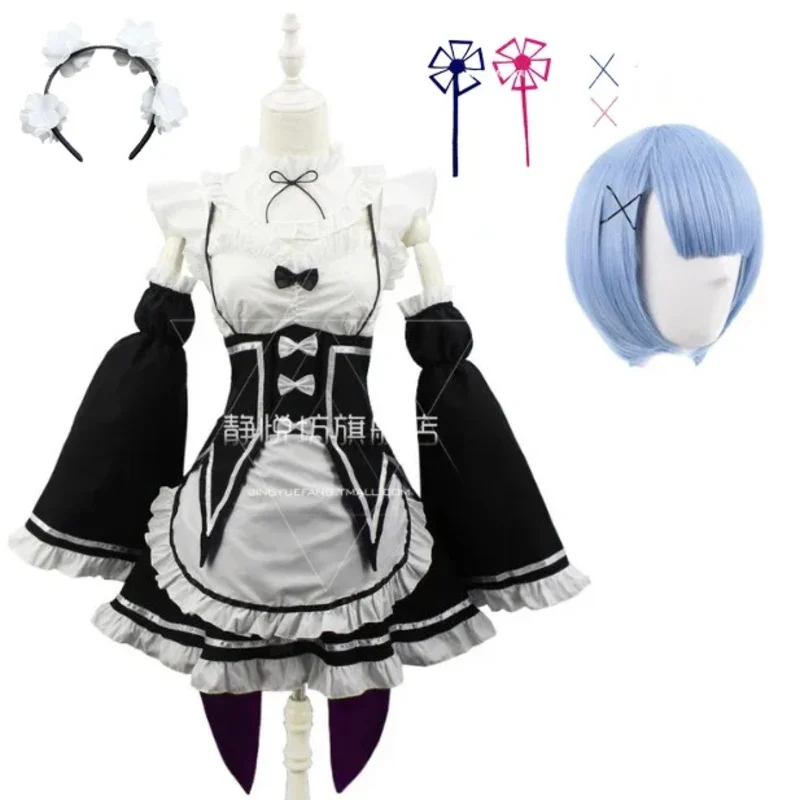 En stock Ram/REM cosplay re: zero Kara hajimeru isekai Seikai disfraz negro vestido de sirvienta para Navidad Hallowee b;4.f'7;j,