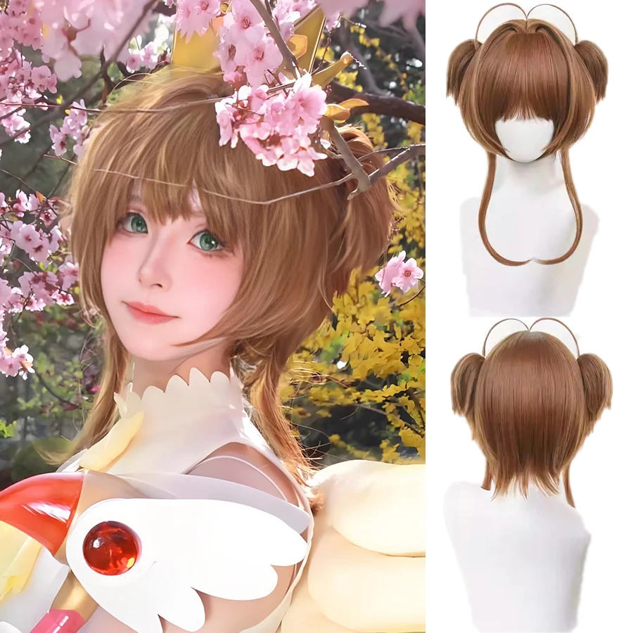 Anime Cosplay Synthetic Wig Sakura Kinomoto Cosplay Wig Short Women Girl Heat Resistant for Daily Party Halloween Christmas Gift