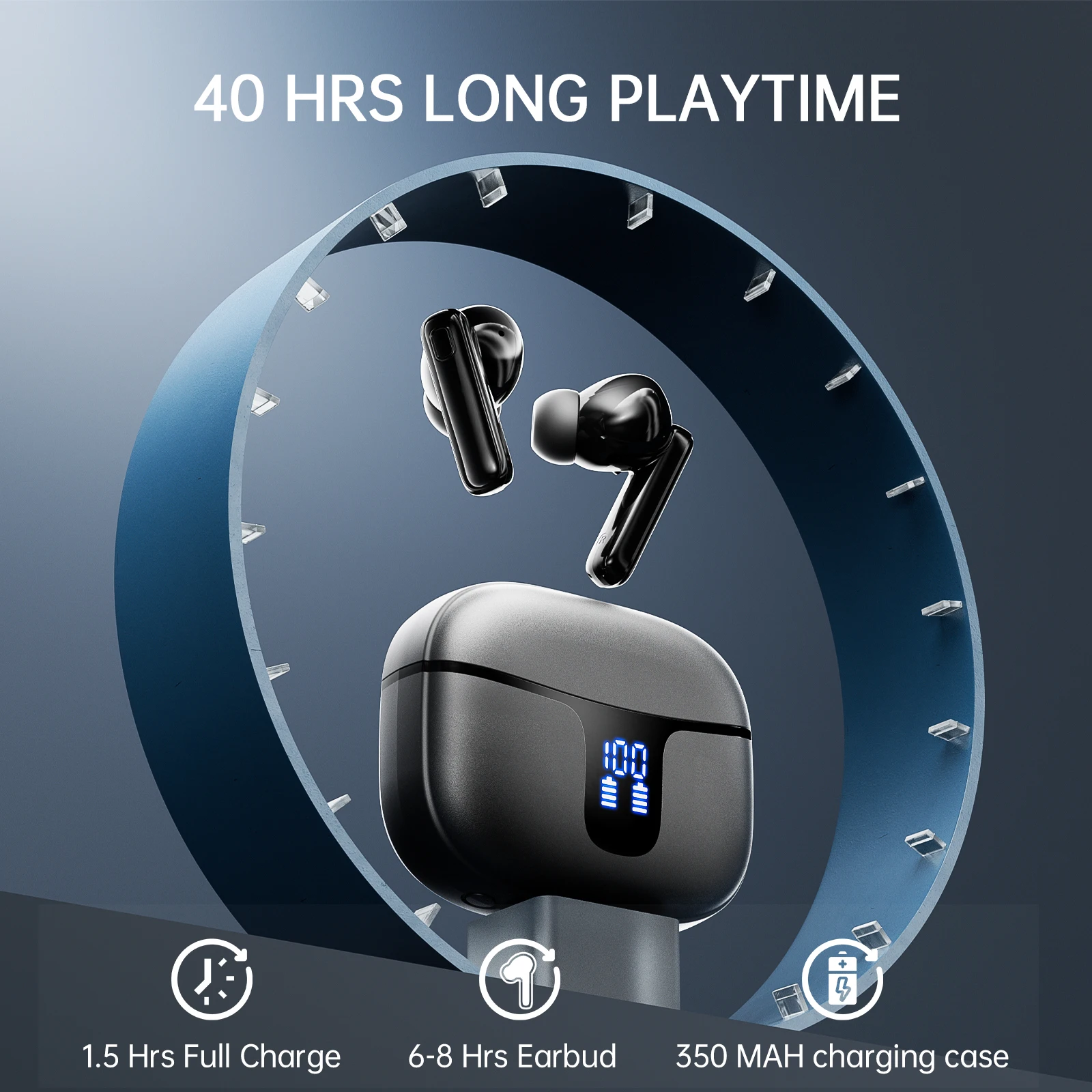 Bluetooth 5.3-oordopjes 40 uur speeltijd, hifi-geluid met ENC-microfoon, IPX7 waterdicht, comfortabele pasvorm draadloze koptelefoon voor iOS Android