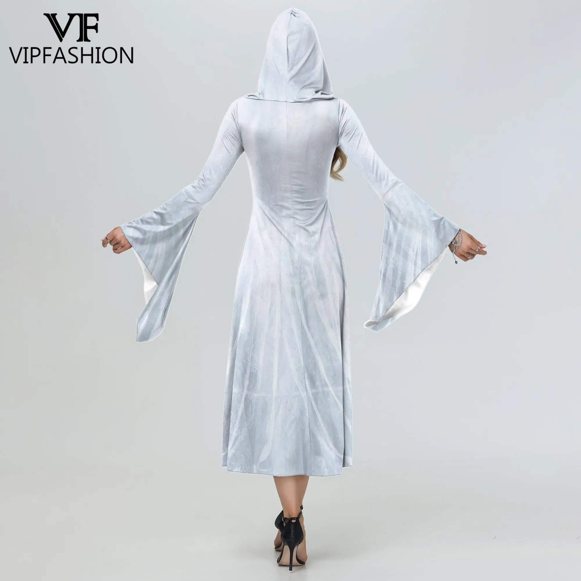 VIP FASHION Skeleton Flower White Hood Dress for Women Halloween Fancy Dresses Witch Ghost Bride Cosplay Costume Mediaval Outfit