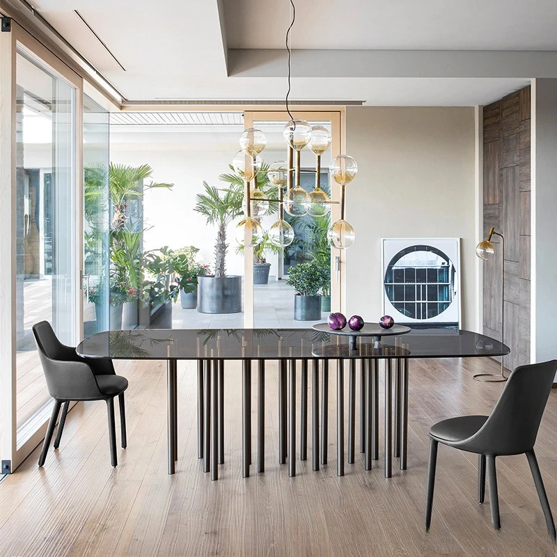 Modern metal-lined rectangular glass, office conference table, round black dining table