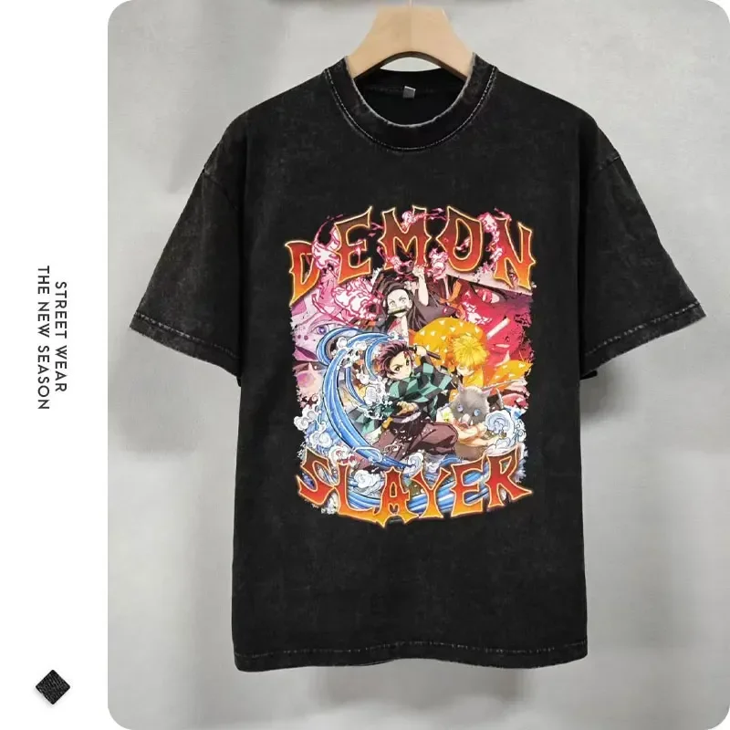 Bilibili Anime D-Demon S-Slayer T Shirts Vintage Washed T-shirt Oversized Short Sleeve Tanjirou Nezuko Rengoku Tops Tees Men