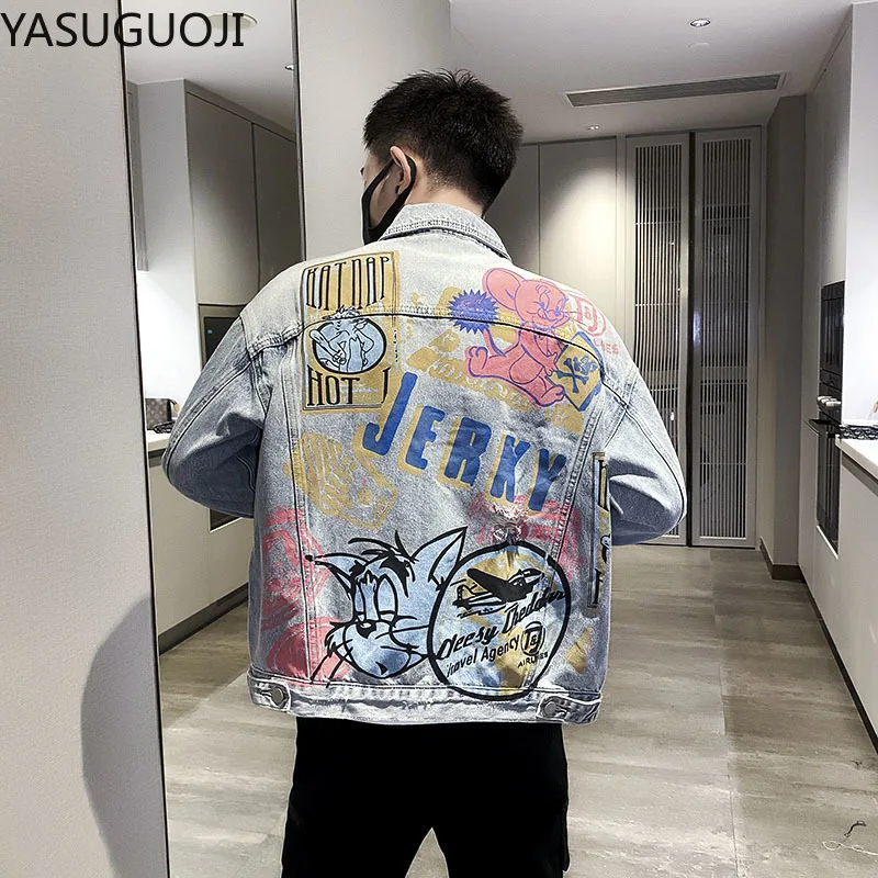 New 2024 Hip Pop Men Denim Jackets Japanese Cartoon Printed Loose Graffiti Jacket Frayed Coat Fashion Jean Jacket Men