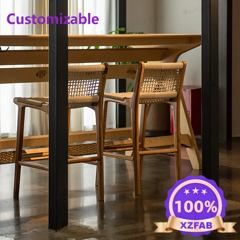 Factory Direct 2026 Solid wood high chair rattan leisure B & B bar chair cafe home dining chair stool saddle leather Nordic