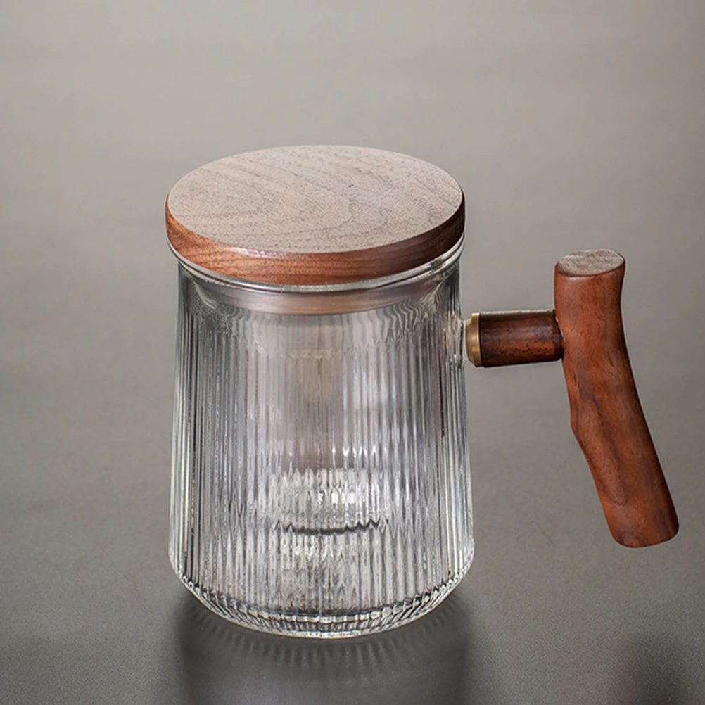 

Vertical Pattern Glass Tea Cup 380ml Striped Wood Handle Lid Infuser Set Elegant Simple Design Home Office Cafe Gifts