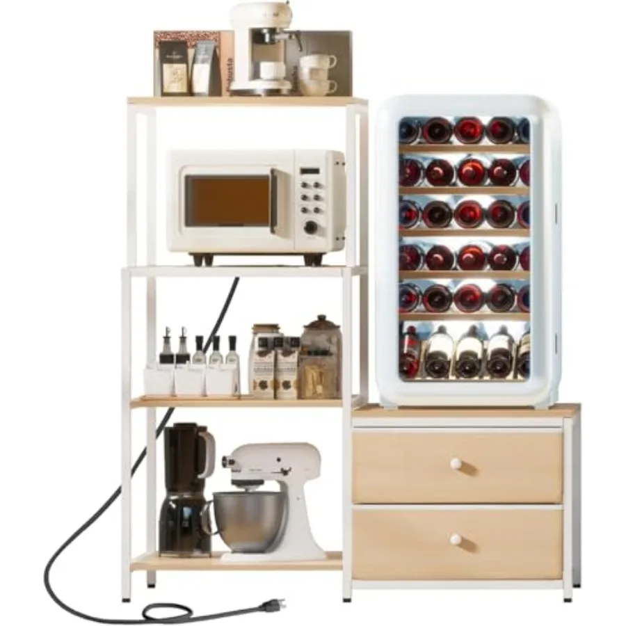 

Mini Fridge Stand with Storage - 4-Tier 2 Drawer Coffee Bar Cabinet Station in White with Power Outlet for Microwave Baker Use
