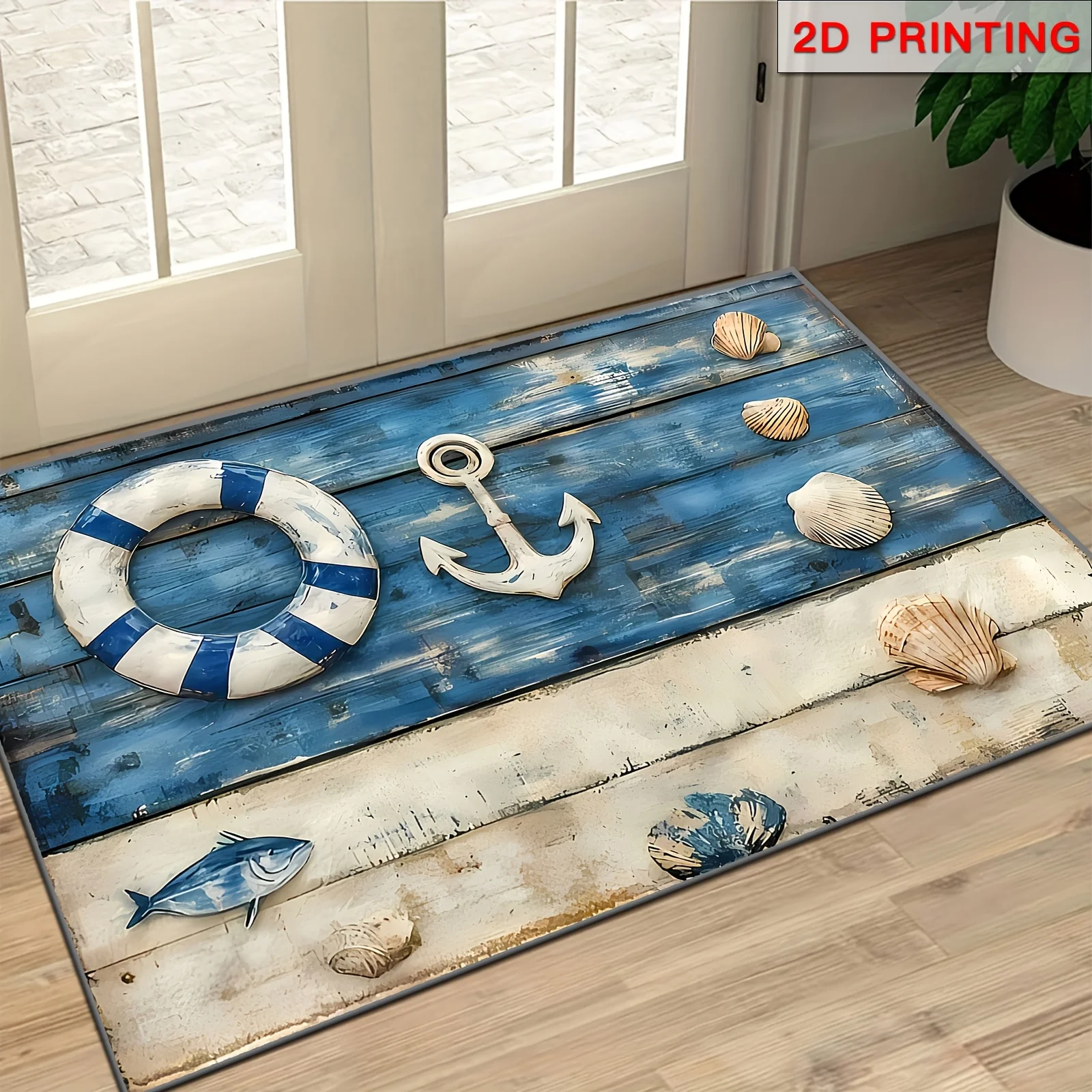 Nautical Wood Plank Anchor & Shell Flannel Bath Mat, Coastal Theme Anti-Slip Absorbent Floor Rug for Bathroom & Porch,