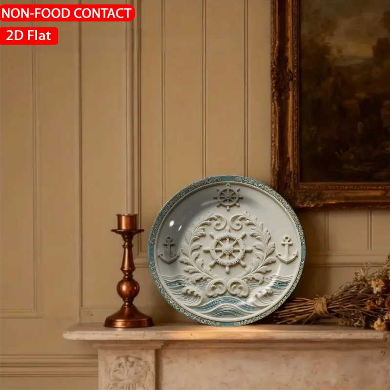 1pc Nautical Ornate Ship Wheel Blue Ceramic Plate Non-Food Contact, Home Desk Ornaments, Living Room And Bedroom Decorations,