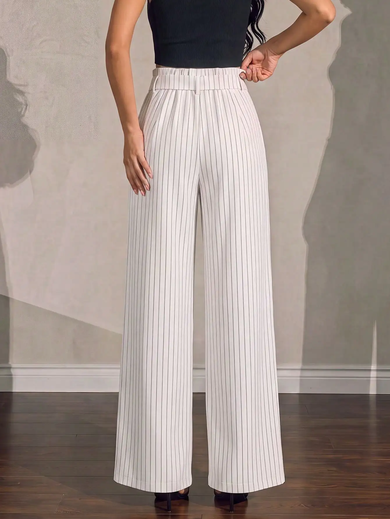 Women's Black And White Striped High Waist Suit Trousers, Business Casual Office Super Loose Wide Leg Pants,Minimalist Modern F