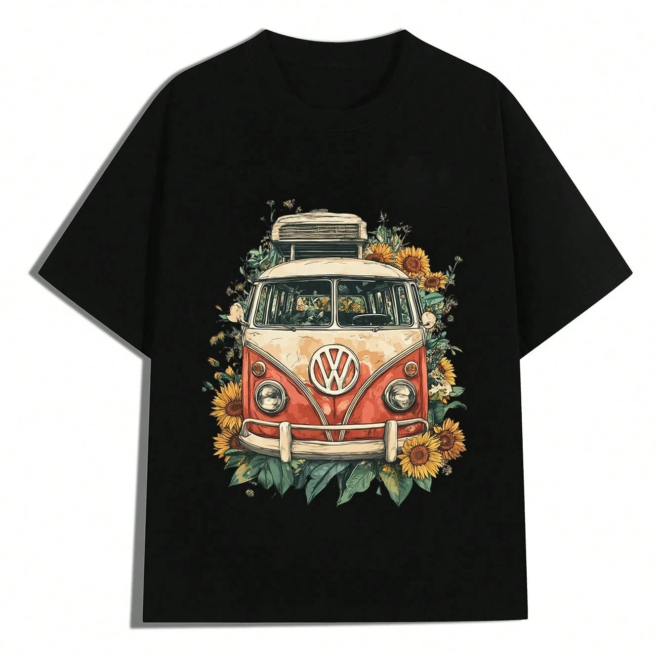 

Men Vintage Van And Sunflower Graphic Men Clothes T-Shirt Percent Cotton Tops For Thanksgiving Day Summer Tops Cute Tops