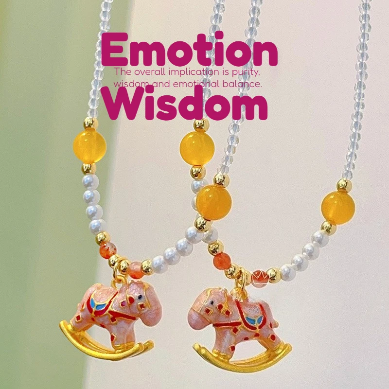 Wooden Horse Pink Enamel Pendant Crystal Beads Necklace Women's Man's Clavicle Chain Emotion Wisdom Meditation Jewelry Good Luck