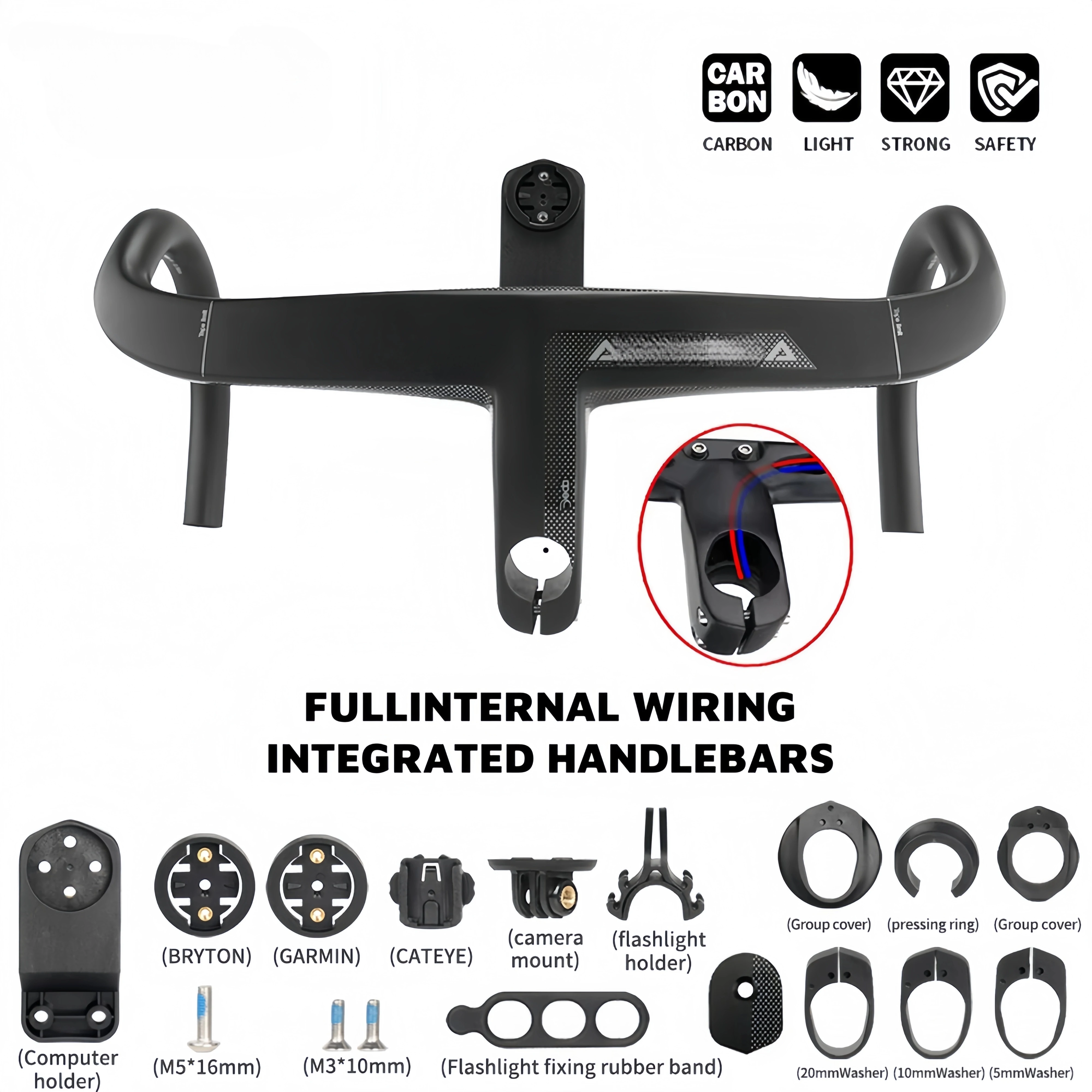 

D ALANERA Carbon Road 380-440mm Full Internal Wiring Integrated Handlebar 28.6mm Carbon Handlebars with Bike Comput Holder