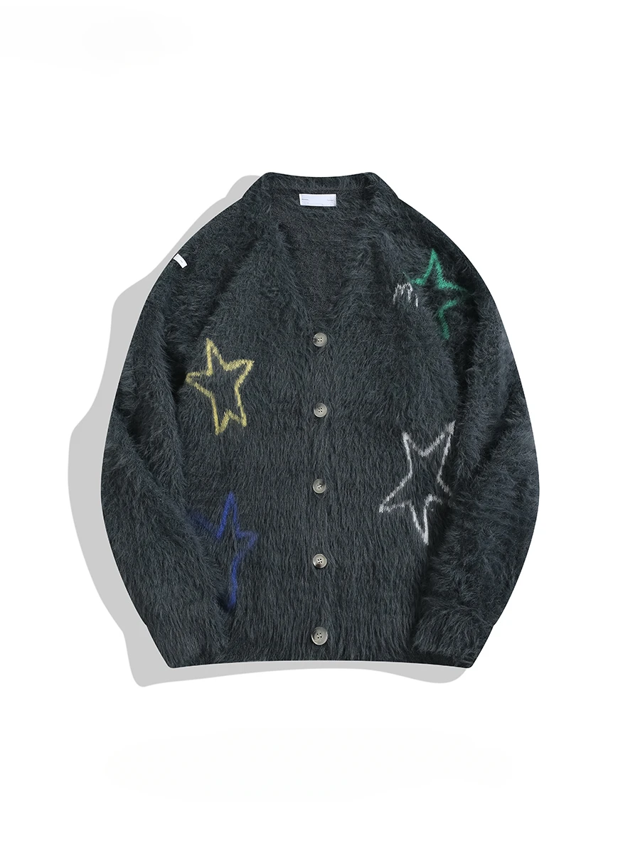 Autumn Winter Hong Kong Style Imitation Mink V-neck Knitted Cardigan Men's Five-Pointed Star Versatile Warm Casual Sweater Coats