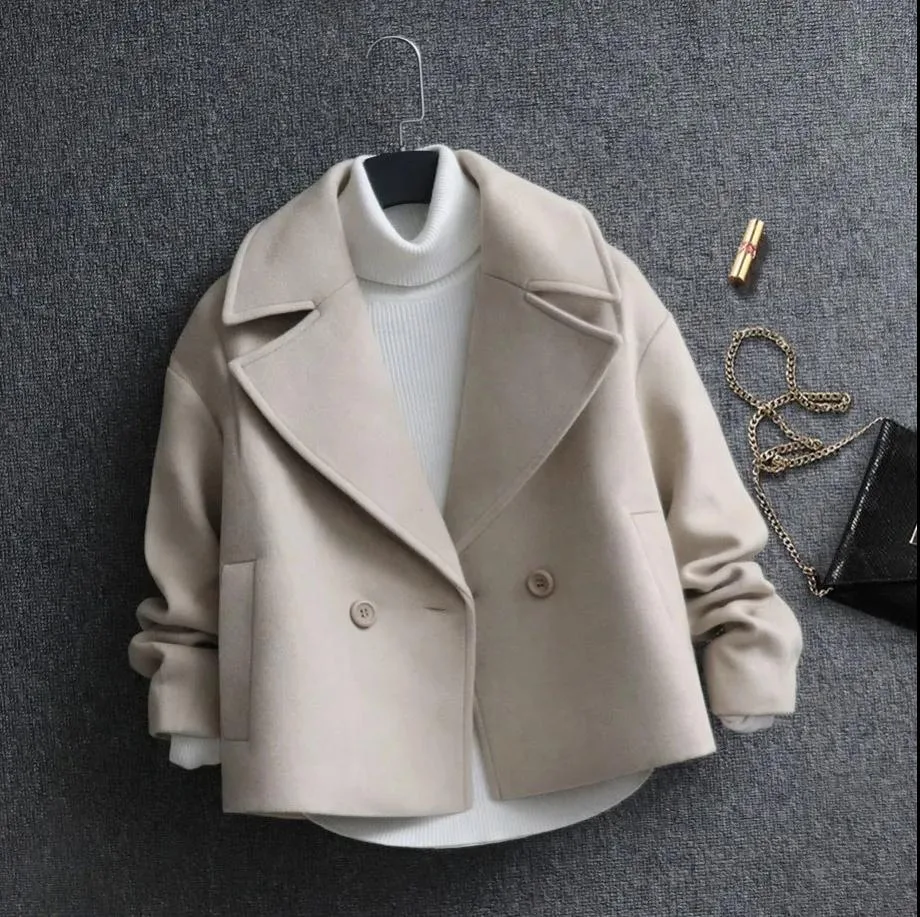 Chaqueta Corta de Lana con Parches, Estilo Universitario Coreano, Otoño Invierno, Nueva Llegada, Tela de Poliéster, Color Puro