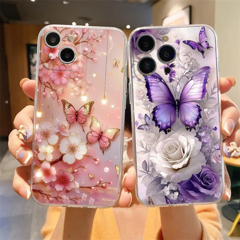 Phone Case For iPhone 16E 15 16 14 13 12 11 Pro Max XS Max 7 8 16 Plus SE2 Soft TPU Clear Cover floral and butterfly patterns #1