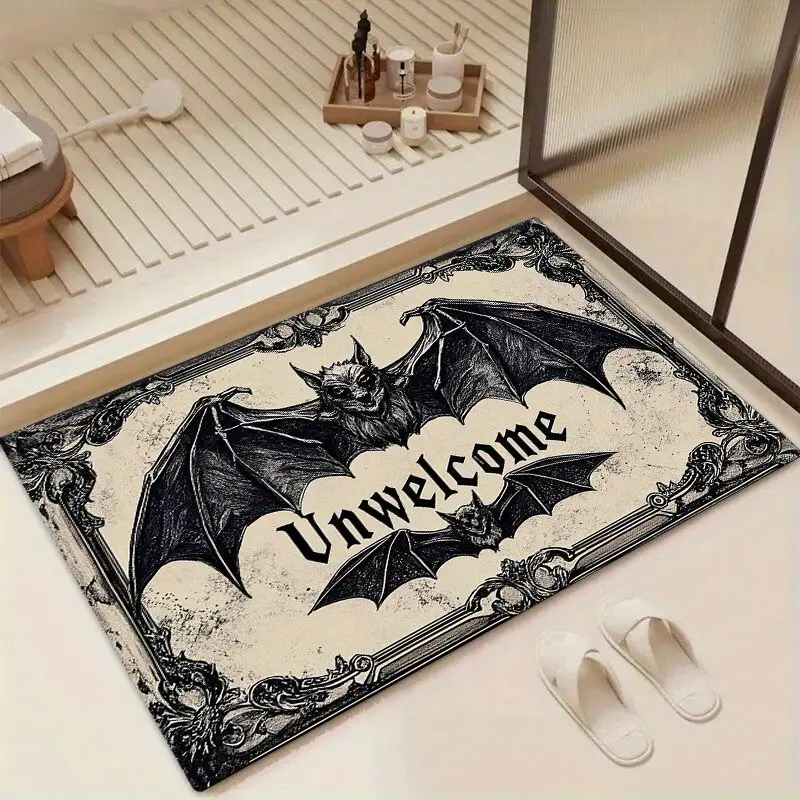 VIKAMA Retro Gothic Bat Doormat, Washable and Non-Slip, Entryway Door Mat for Kitchen Bedroom, Halloween Home Decor