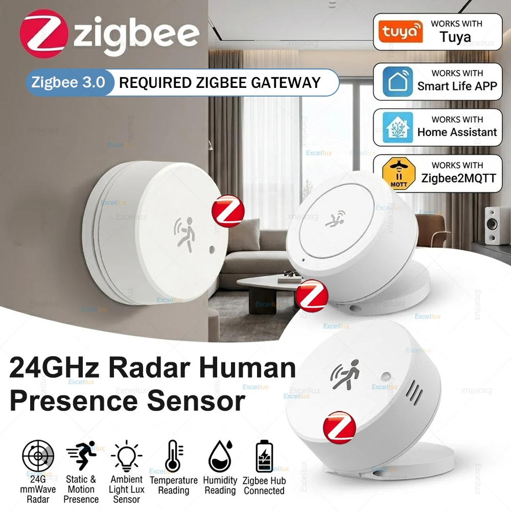 

Zigbee Presence Sensor 24G Mmwave Radar Human Detector Lux Temp Humidity Motion/Static Detection For Tuya Z2MQTT Home Assistant