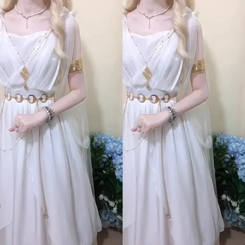 الله اليونانية الحلو خمر فستان جنية بيضاء المرأة الصيف المحكمة نمط هان عناصر الشيفون أنيقة العائمة حزام فساتين طويلة
