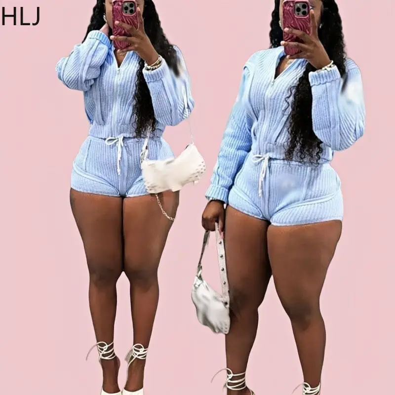 HLJ Blue Autumn New Letter Print Knitted Sweater Two Piece Sets For Women Zip Long Sleeve Crop Top And Drawstring Shorts Outfits