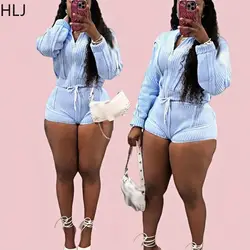 HLJ Blue Autumn New Letter Print Knitted Sweater Two Piece Sets For Women Zip Long Sleeve Crop Top And Drawstring Shorts Outfits