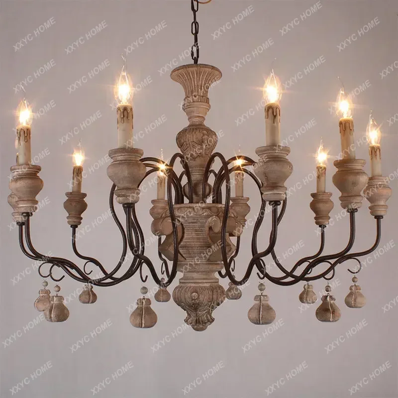 

Classical Country Retro Idyllic Candlestick Chandelier Solid Wood Candle French Living Room Dining Room Bedroom Distressed Lamps