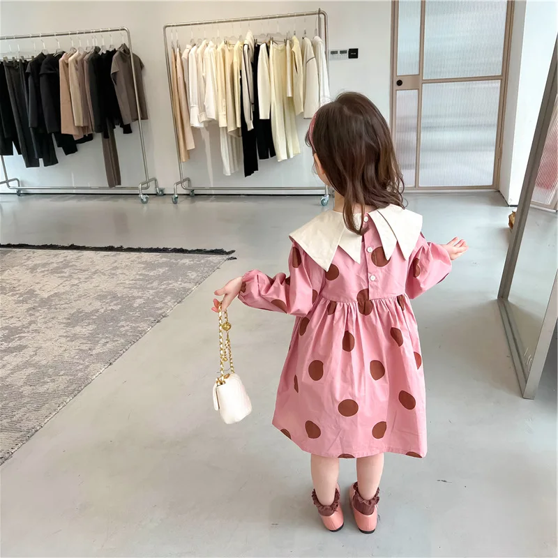 Girls Skirt Pointed Collar Polka Dot Long Sleeve Dress Princess Dress Spring Summer New Children's Clothes