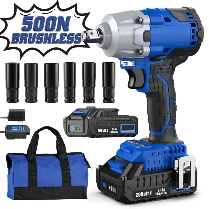 20V High-Torque Brushless Impact Wrench Kit - 370 Ft-lbs, 3,400 IPM, 1/2 Inch Cordless Electric Impact Gun with 6-Piece Drive