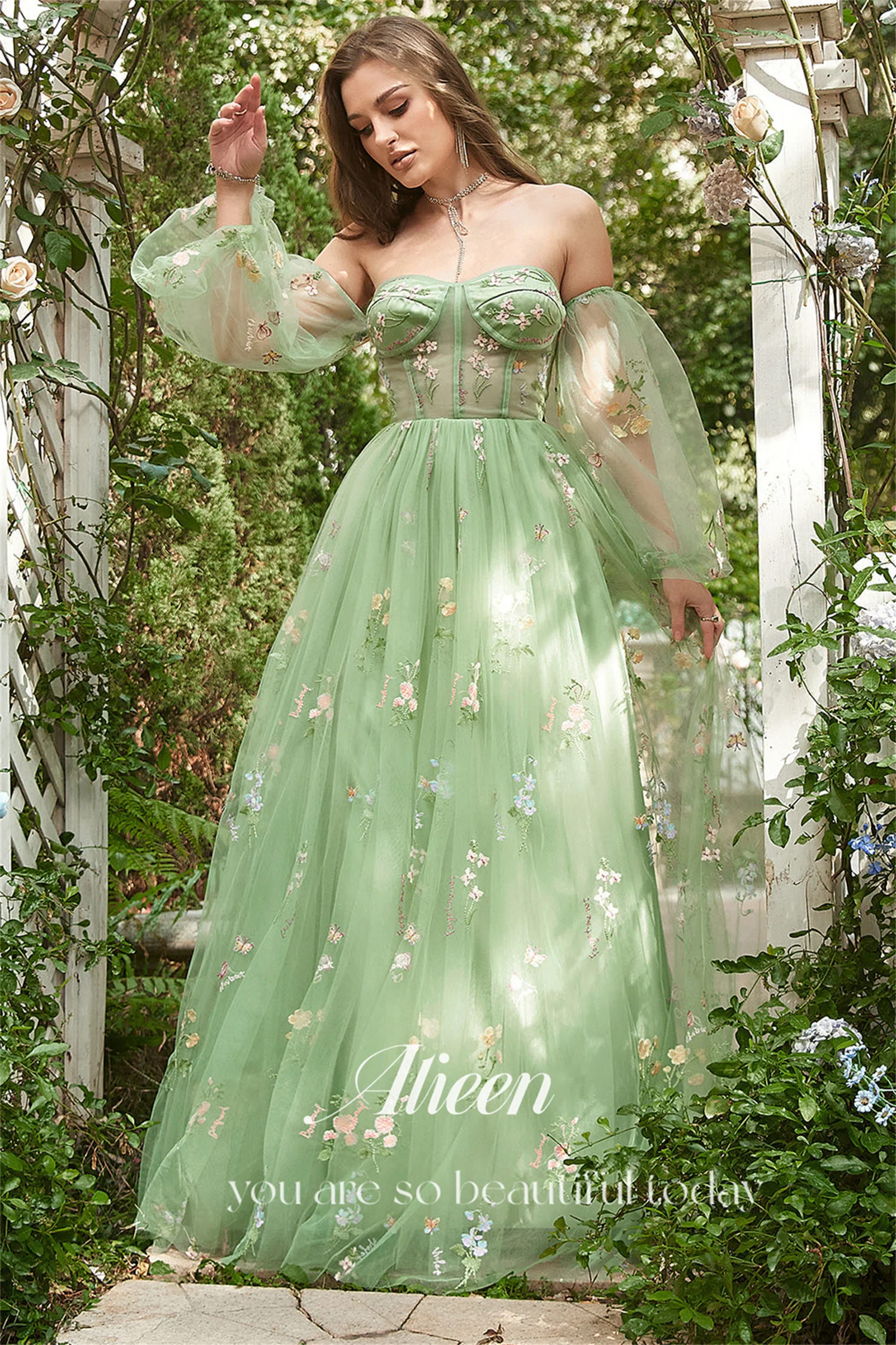 Aileen Removable Puff Sleeves Sweetheart Embroidery Grass Green Custom Made Evening Dresses Woman Elegant Party Dress 2024 Women