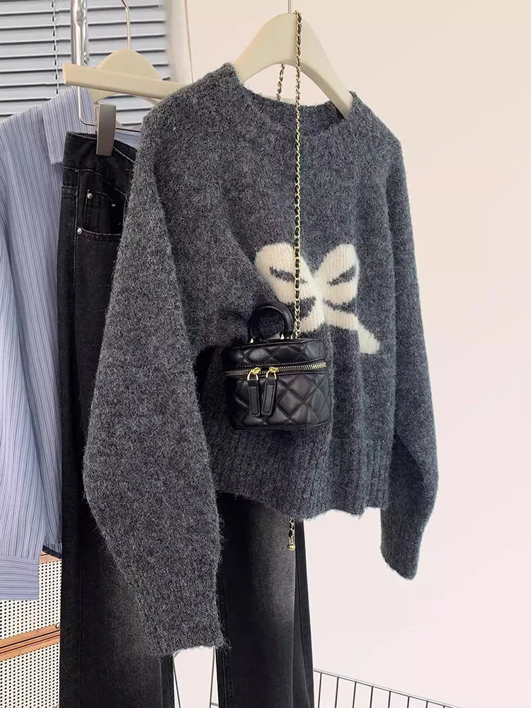 

2024 Autumn Winter Loose Bow Sweaters Y2k Aesthetic Vintage Knitted Pullovers Women's Lazy Style Round Neck Sweater