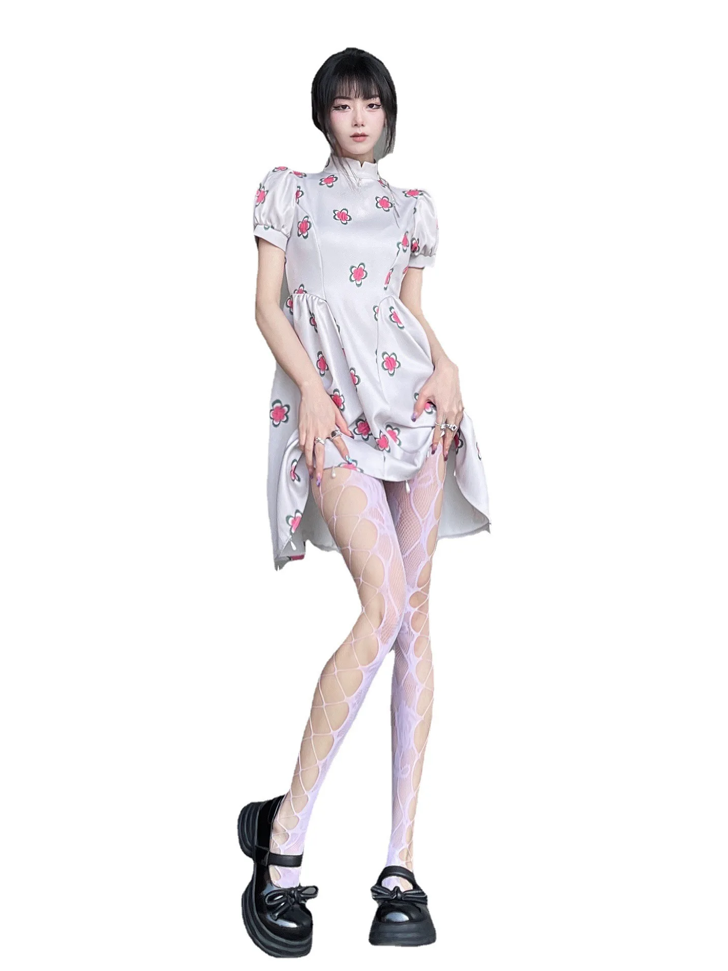 Spicy Girls Sexy Sexy Colored Mesh Socks Rose Jacquard Side Cross Strap Hollow Small People's Pantyhose Children Tik Tok