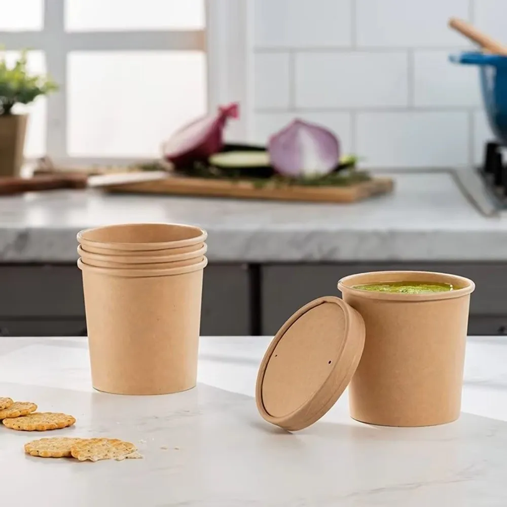 10PCS New Disposable Kraft Paper Bucket Bowl with Lid 8oz/12oz/12oz Round Paper Soup Bucket Hot Soup Bowl Takeaway Packing Boxes
