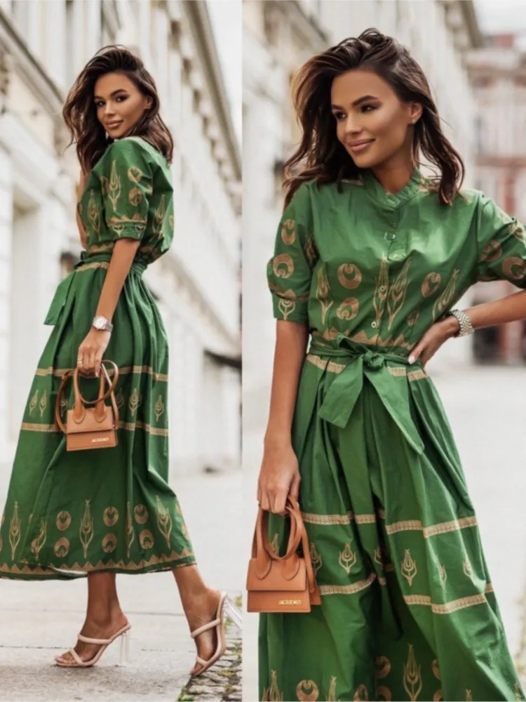 Spring Autumn Women\'s New Short Sleeve Fashion Positioning Flower Linen Lace Belt Mid Length Shirt Ankle Casual Dress