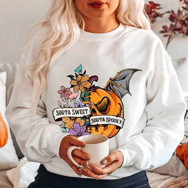 

New Halloween Pumpkin Flower Sorta Sweet Sorta Spooky Print Round Neck Pullover Women Pure Color Long Sleeve Hoodless Sweatshirt