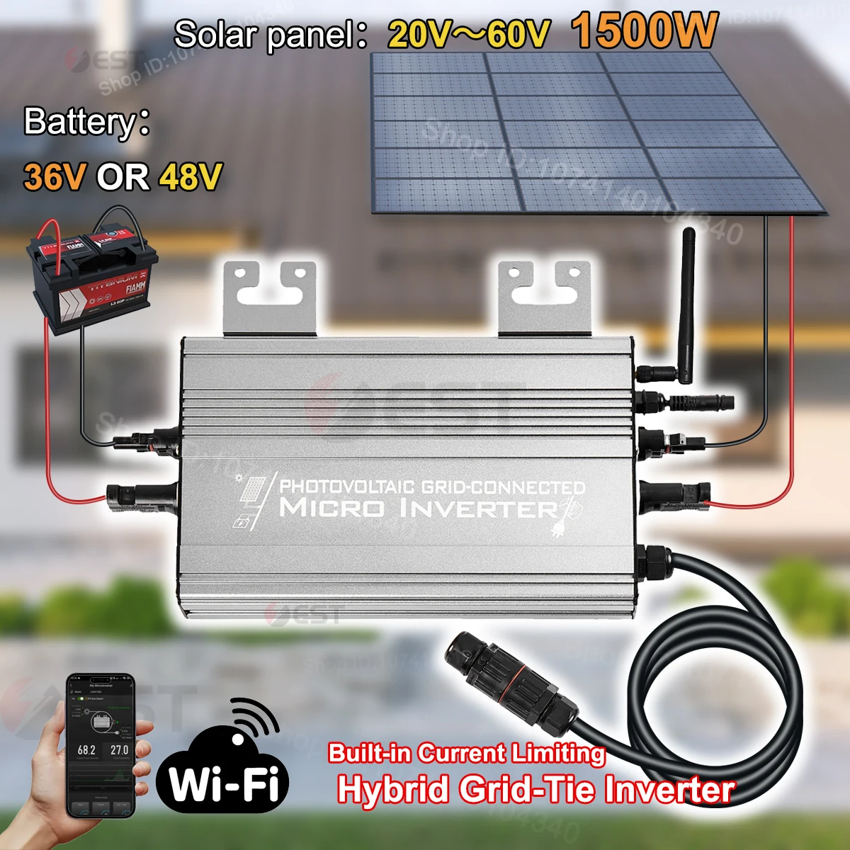 Microinversor Híbrido GS de 1200W/1000W/750W para Panel Solar y Batería de 36V/48V, Conexión a Red con Cero Exportación, 180-265V CA |   WiFi, IP65
