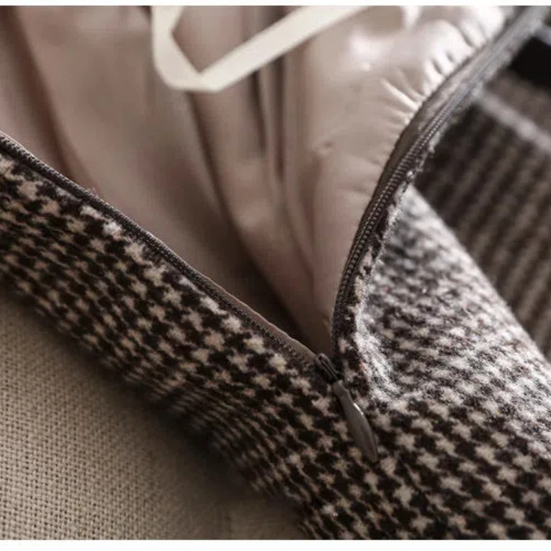 Koreaanse Mode Herfst Winter Vrouwen Effen Wollen Houndstooth Ritszakken Hoge Taille Split Chic Slim Midi A-lijn Hip Wrap Rok